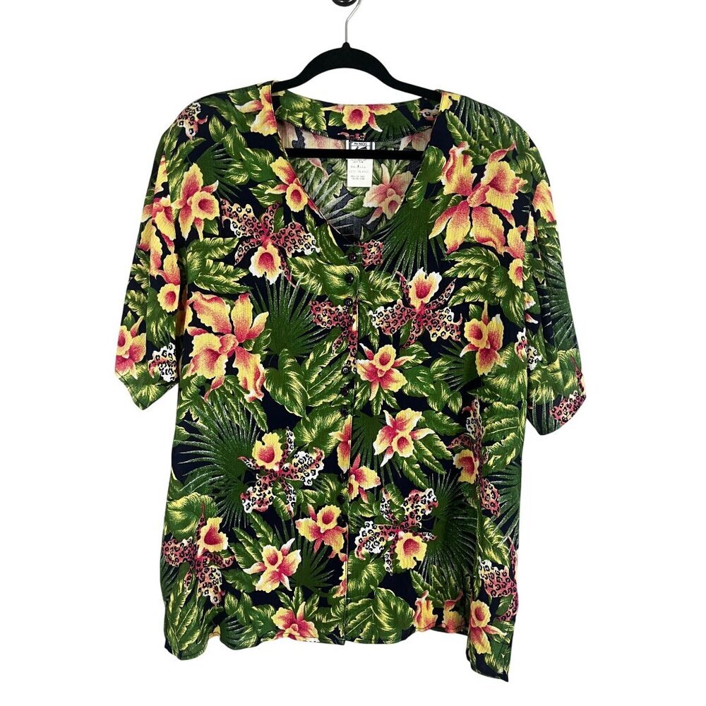 Retro Colorful Floral Shirt Green XL Tropical Preppy Resort Animal Print Cruise